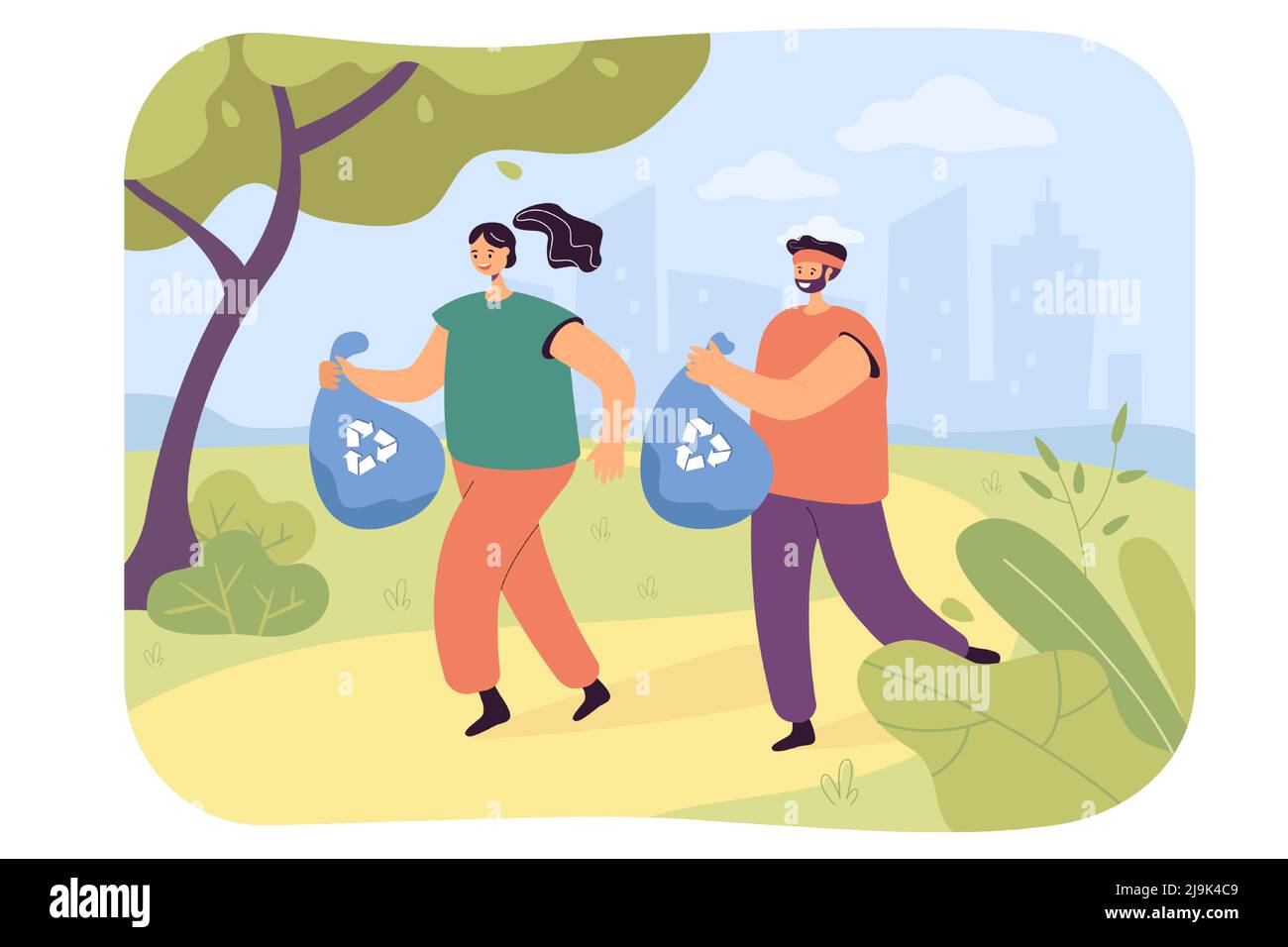 Active man and woman plogging with trash bags in park. People running