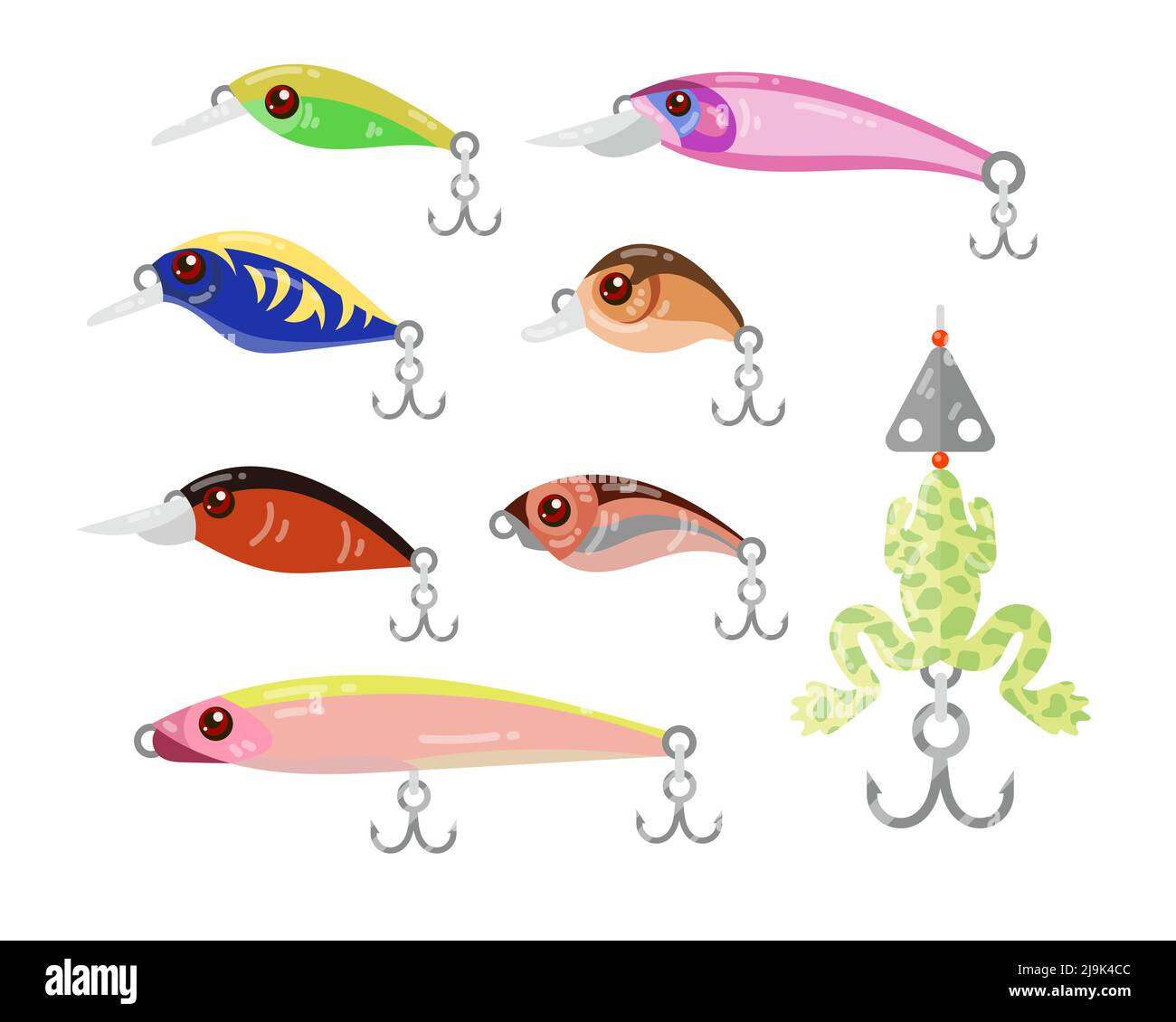 Artificial fishing bait cartoon illustration set. Fishing lures