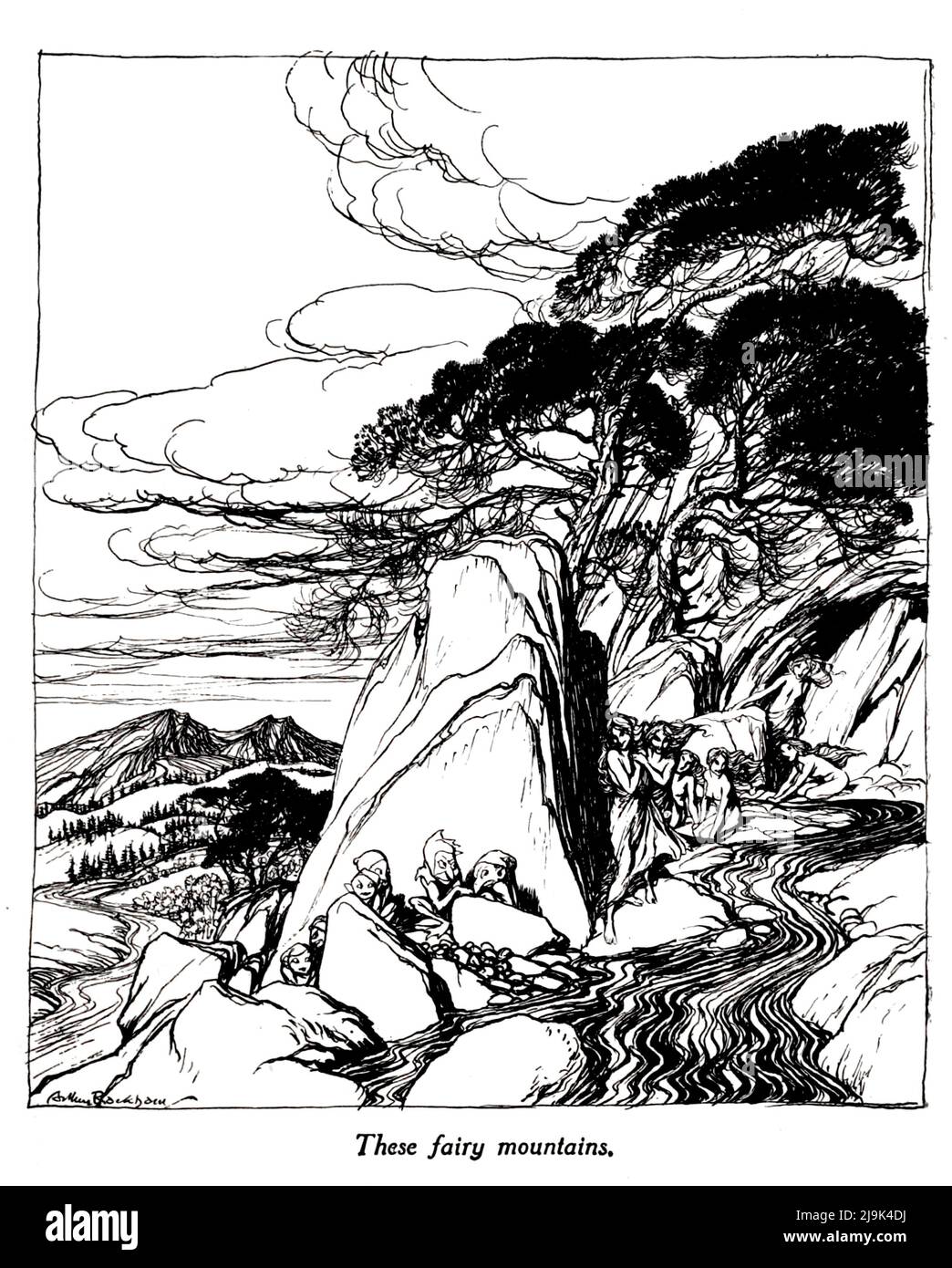 These fairy mountains from the book ' Rip Van Winkle ' by Washington Irving, 1783-1859; Illustrated by Arthur Rackham, 1867-1939 Publication date 1919  Publisher New York Doubleday, Page 'Rip Van Winkle' is a short story by the American author Washington Irving, first published in 1819. It follows a Dutch-American villager in colonial America named Rip Van Winkle who meets mysterious Dutchmen, imbibes their liquor and falls asleep in the Catskill Mountains. He awakes 20 years later to a very changed world, having missed the American Revolution. Stock Photo