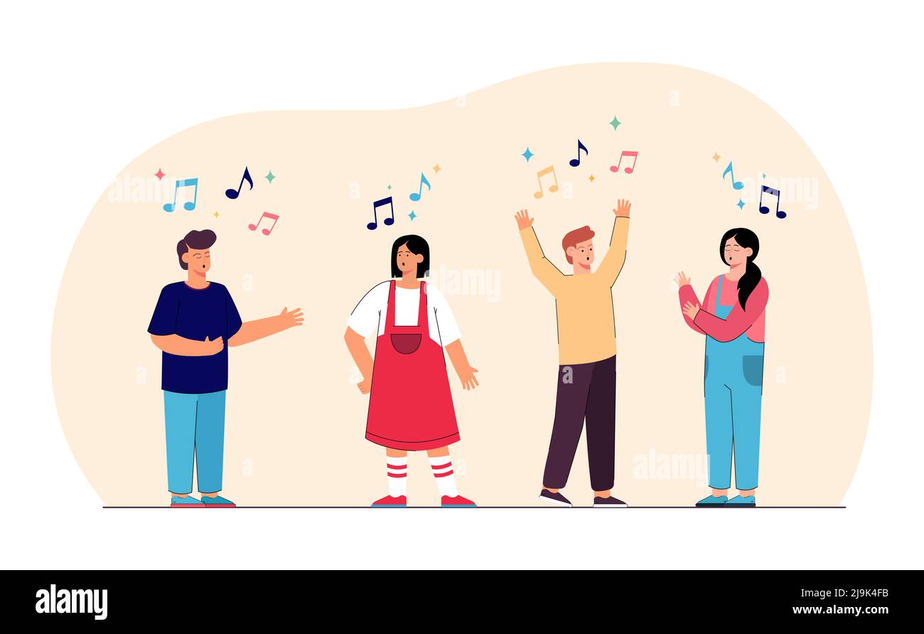Cartoon boys and girls singing in church choir or karaoke. Group of kids performing songs, activities for children flat vector illustration. Performan Stock Vector
