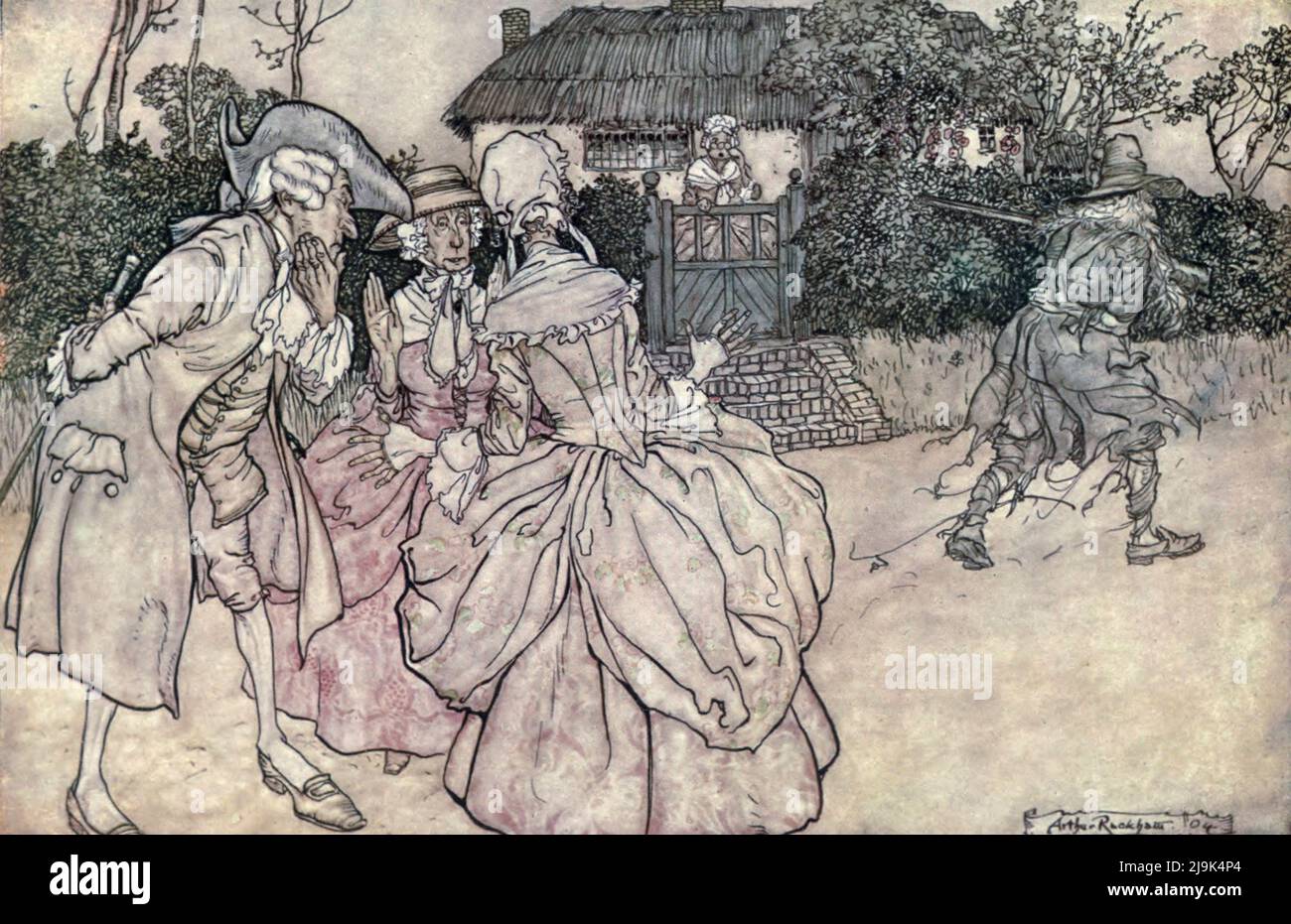 They all stared at him with equal marks of surprise and invariably stroked their chins from the book ' Rip Van Winkle ' by Washington Irving, 1783-1859; Illustrated by Arthur Rackham, 1867-1939 Publication date 1919  Publisher New York Doubleday, Page 'Rip Van Winkle' is a short story by the American author Washington Irving, first published in 1819. It follows a Dutch-American villager in colonial America named Rip Van Winkle who meets mysterious Dutchmen, imbibes their liquor and falls asleep in the Catskill Mountains. He awakes 20 years later to a very changed world, having missed the Ameri Stock Photo