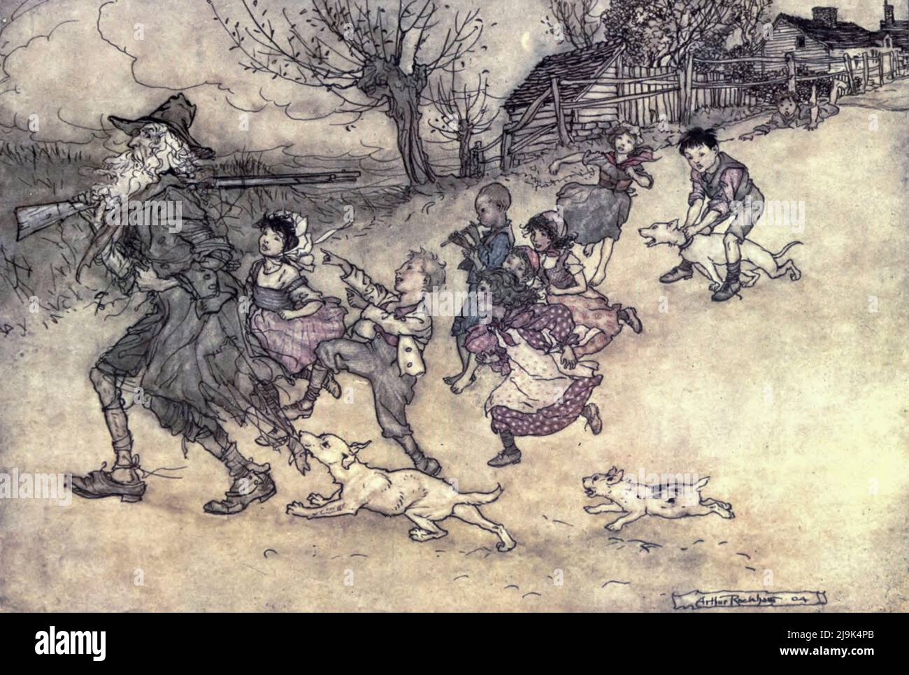 A troop of strange children ran at his heels, hooting after him and pointing at his grey beard from the book ' Rip Van Winkle ' by Washington Irving, 1783-1859; Illustrated by Arthur Rackham, 1867-1939 Publication date 1919  Publisher New York Doubleday, Page 'Rip Van Winkle' is a short story by the American author Washington Irving, first published in 1819. It follows a Dutch-American villager in colonial America named Rip Van Winkle who meets mysterious Dutchmen, imbibes their liquor and falls asleep in the Catskill Mountains. He awakes 20 years later to a very changed world, having missed t Stock Photo