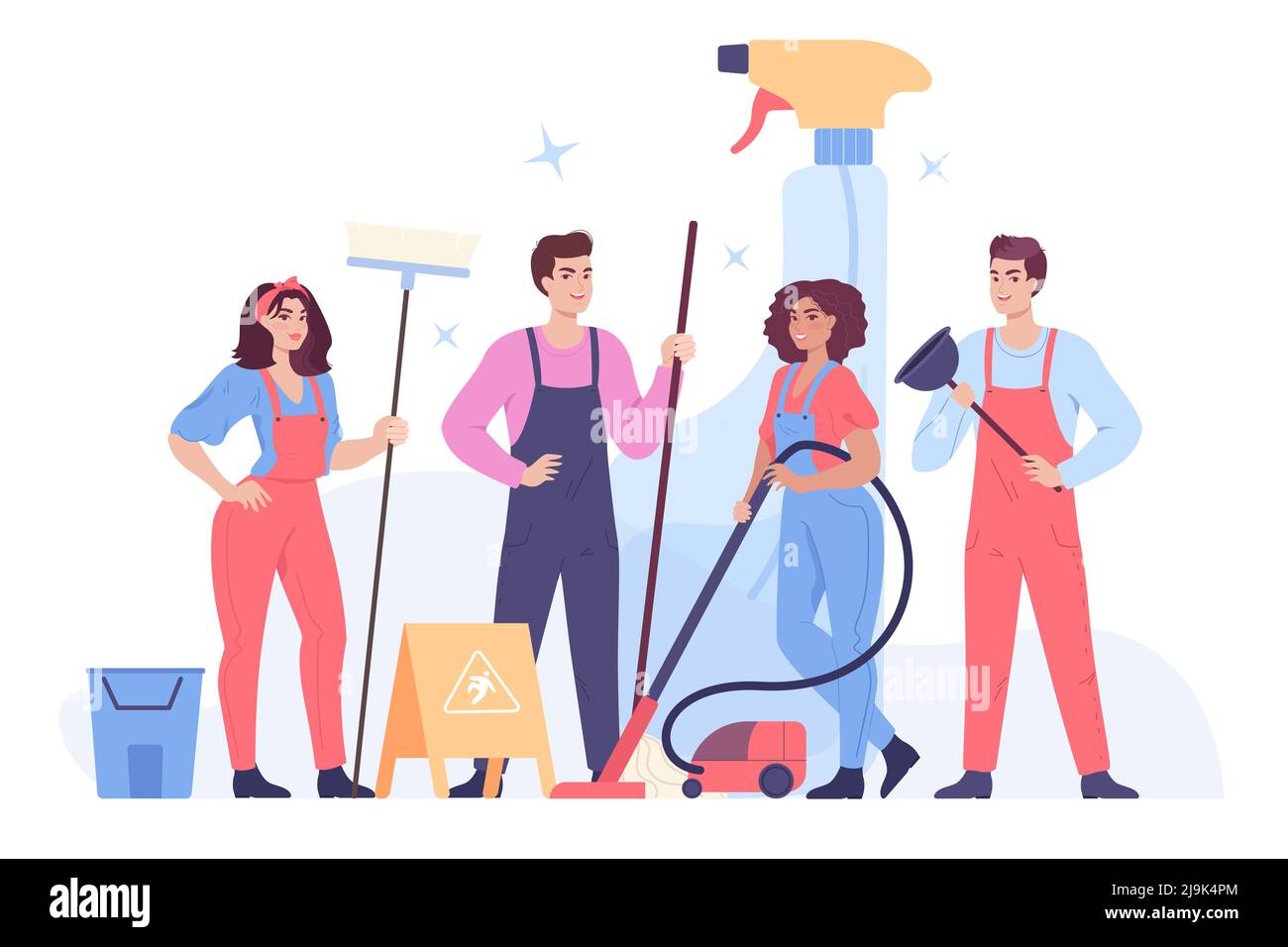Cleaning team with brooms and vacuum cleaner. Man and woman in uniform ...