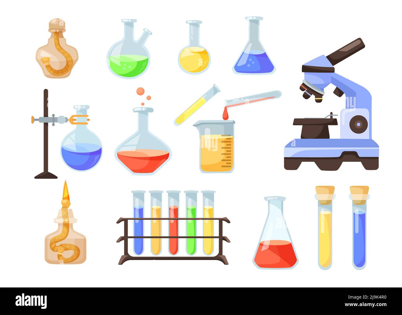Beakers and burners with colorful liquid cartoon collection set. Using