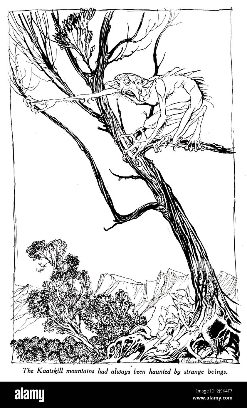 The Kaatskill mountains had always been haunted by strange beings from the book ' Rip Van Winkle ' by Washington Irving, 1783-1859; Illustrated by Arthur Rackham, 1867-1939 Publication date 1919  Publisher New York Doubleday, Page 'Rip Van Winkle' is a short story by the American author Washington Irving, first published in 1819. It follows a Dutch-American villager in colonial America named Rip Van Winkle who meets mysterious Dutchmen, imbibes their liquor and falls asleep in the Catskill Mountains. He awakes 20 years later to a very changed world, having missed the American Revolution. Stock Photo