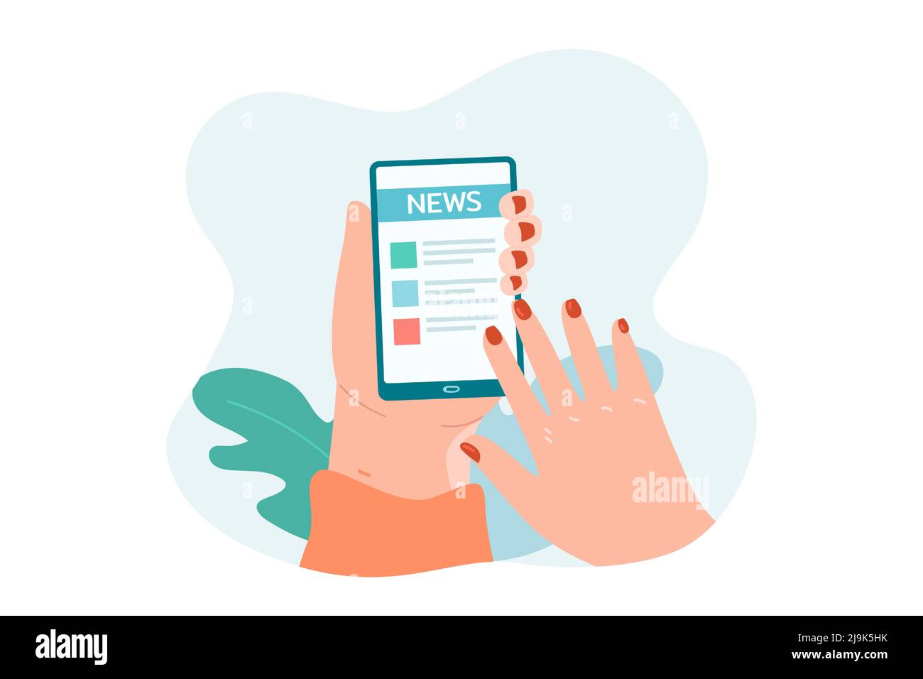 Female hands holding mobile phone with newsletter on screen. Woman reading world news using smartphone app and internet flat vector illustration. News Stock Vector