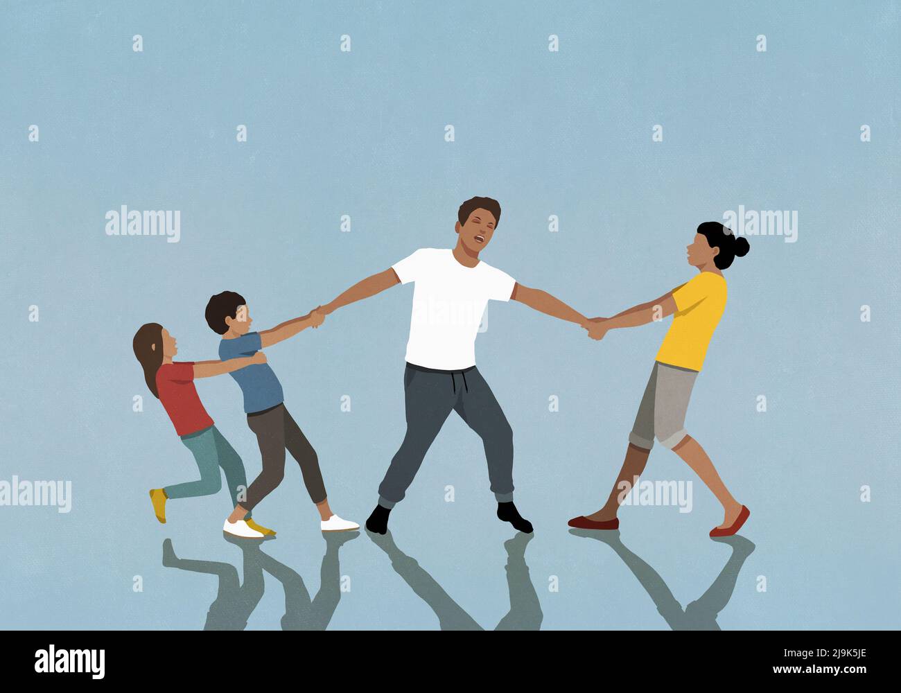 Wife and kids pulling arms of father Stock Photo Alamy