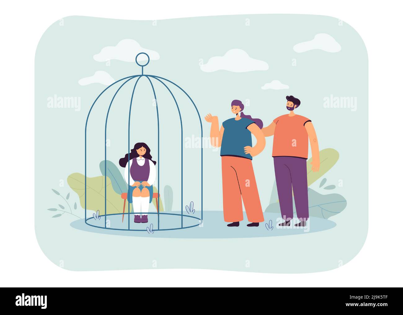 Daughter sitting in cage for bad deed flat vector illustration. Mother and father punishing kid for misbehaving. Parenthood, discipline, family concep Stock Vector