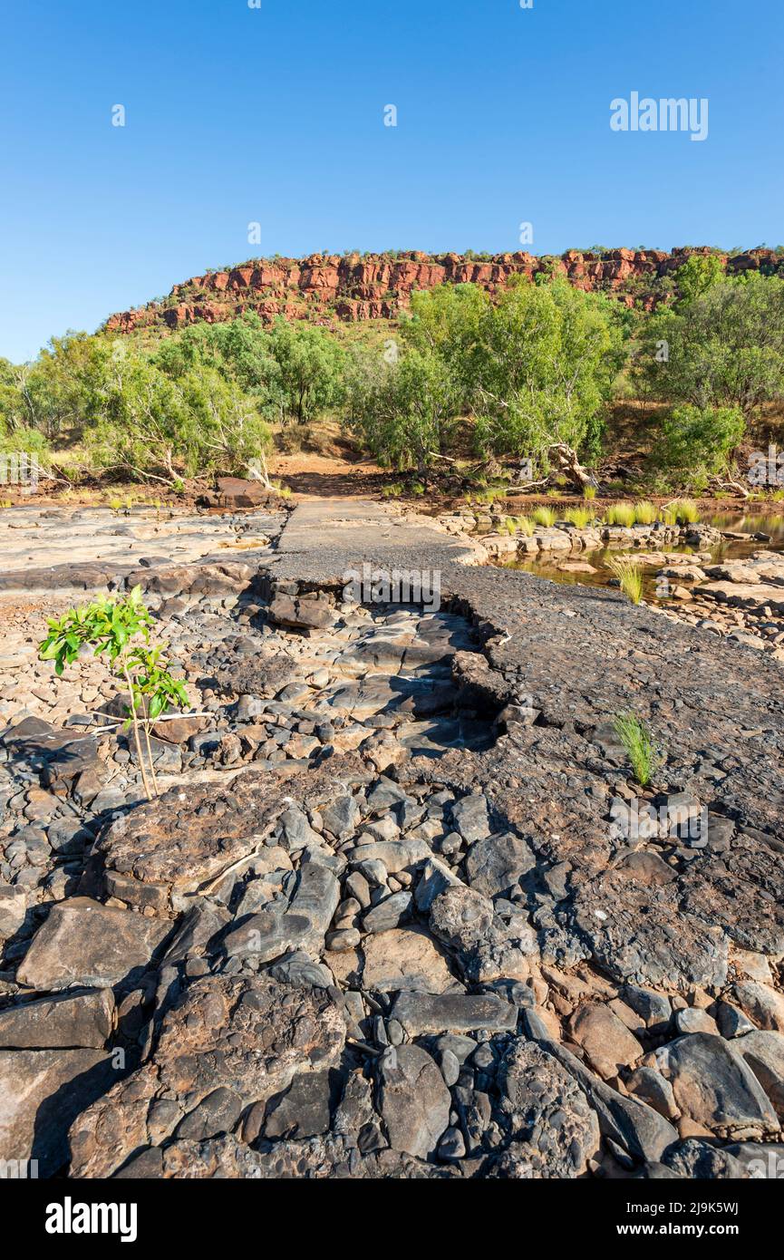 Vertical view of the old Victoria River crossing, a tourist attraction in Gregory National Park, Northern Territory, NT, Australia Stock Photo