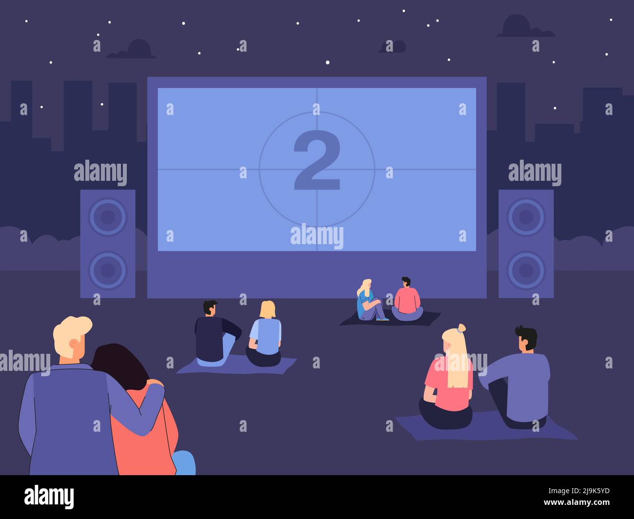 Friends and couples watching movies on big screen in open air. Cartoon  people relaxing in backyard in evening or at night during weekend flat  vector i Stock Vector Image & Art -