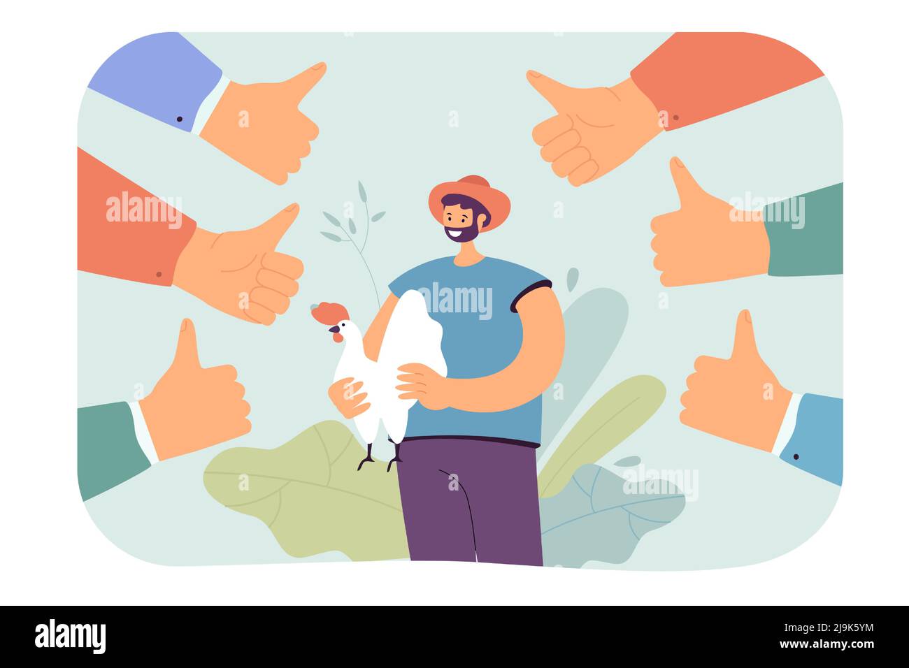 Farmer with rooster surrounded by thumbs up. Smiling man in hat getting public approval flat vector illustration. Occupation, public opinion concept f Stock Vector