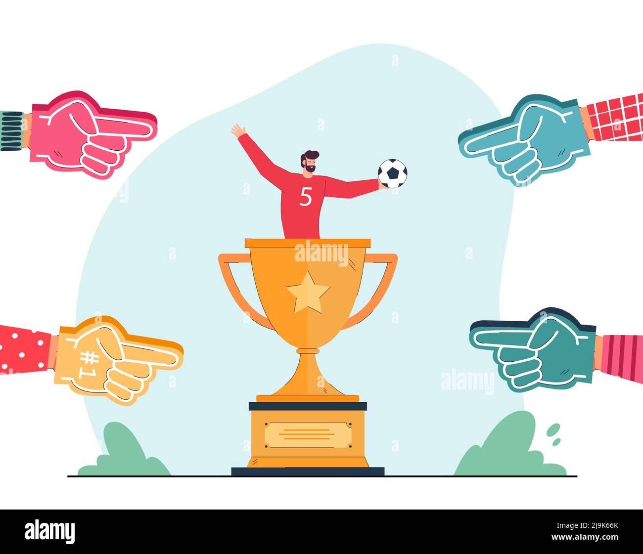 Foam hands pointing at soccer player in huge gold cup. Happy sportsman holding ball flat vector illustration. Success, competition, support, sports co Stock Vector
