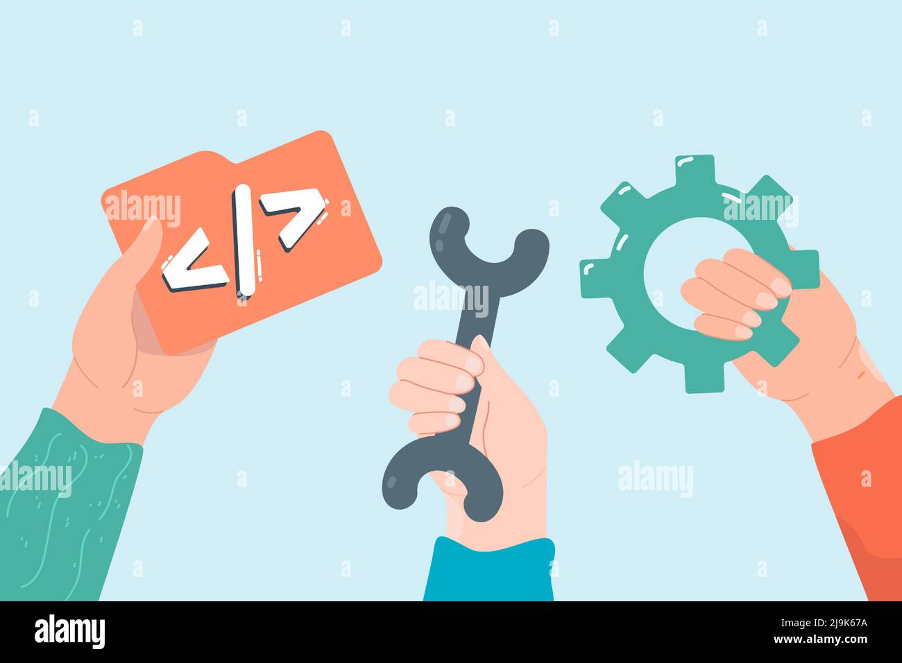 Greater than less than sign, wrench, gear in hands. Tools for ...