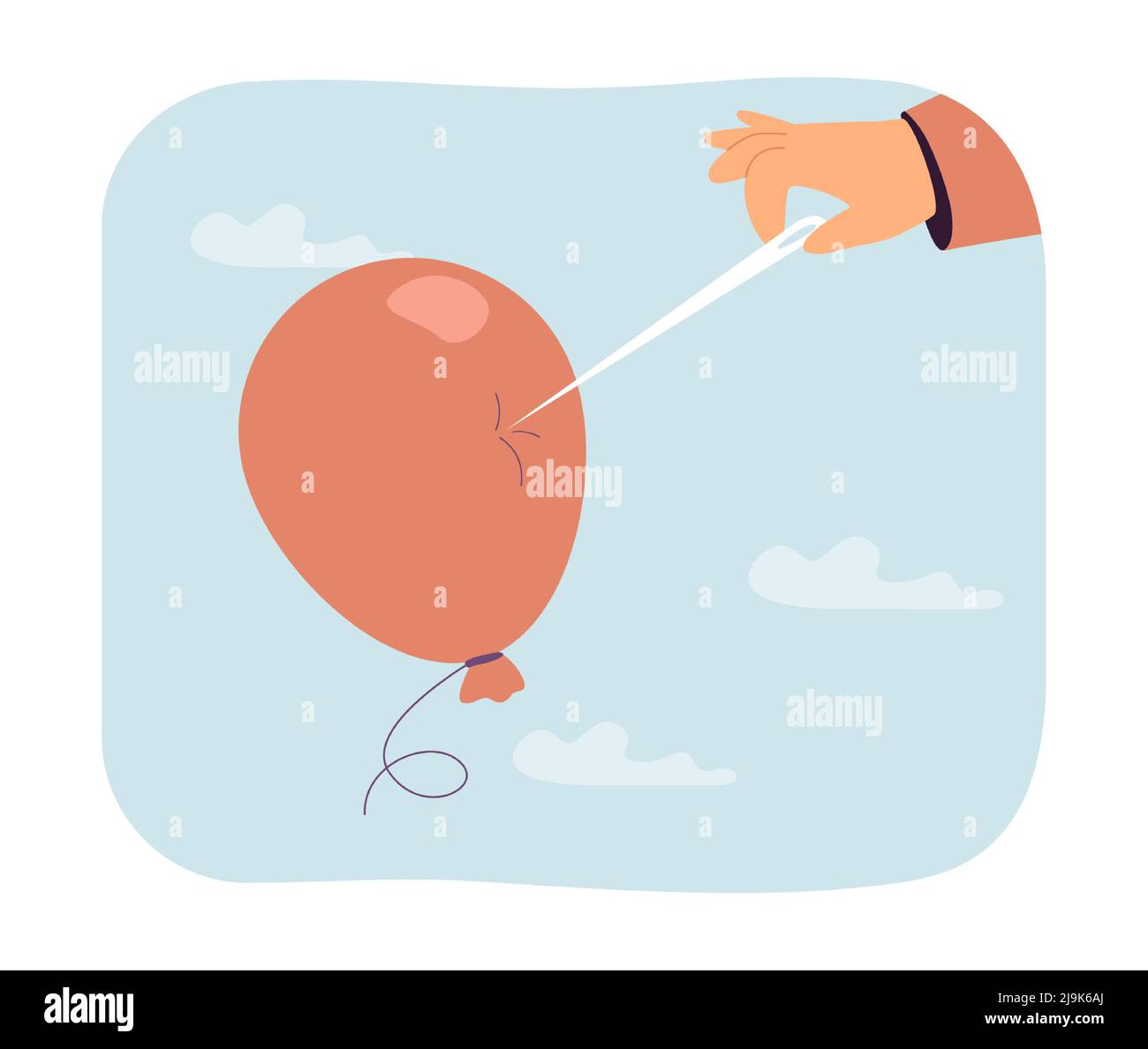 Hand holding big long needle to red balloon. Balloon before popping flat vector illustration. Problem, failure, risk concept for banner, website desig Stock Vector