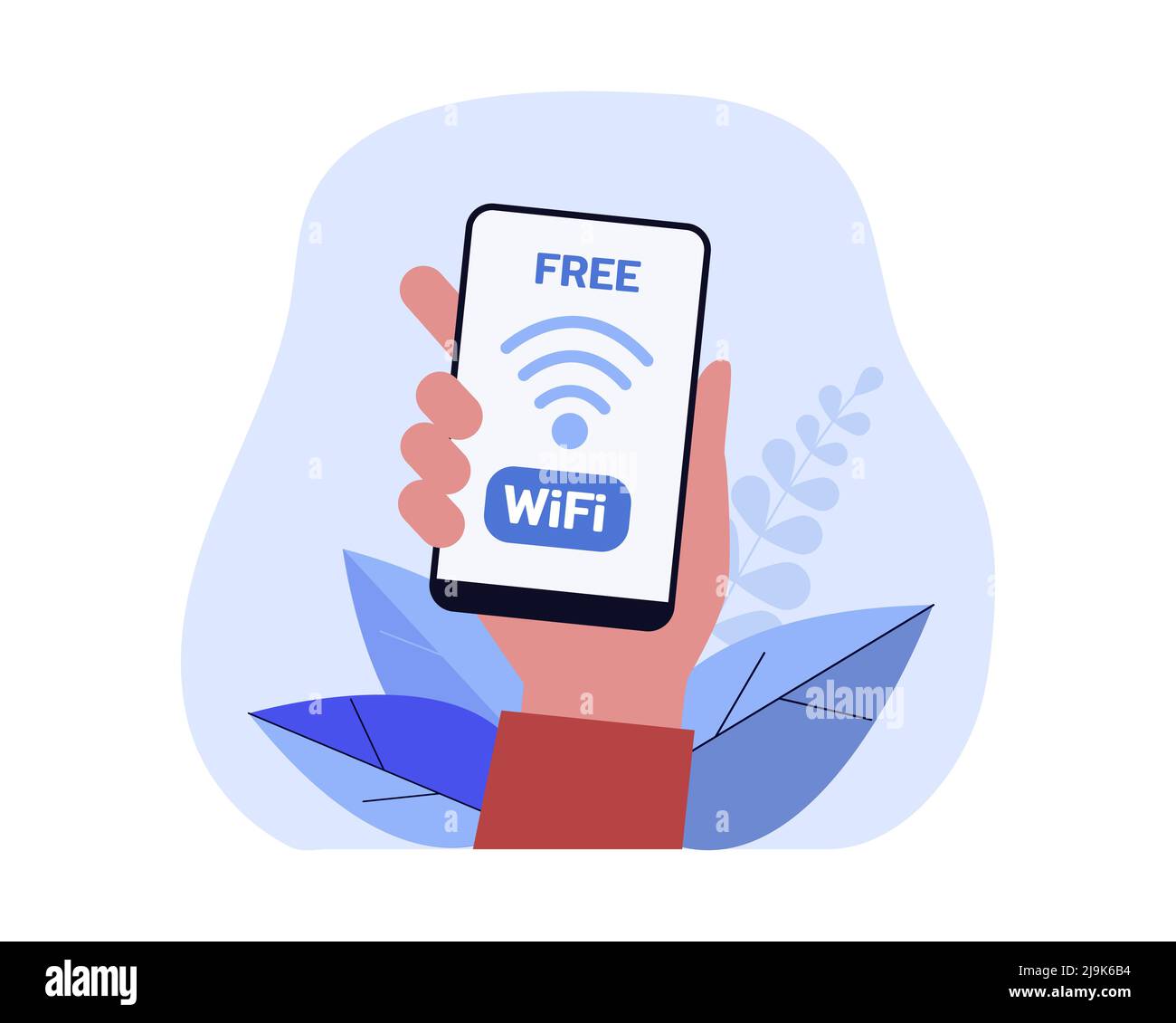 Hand holding smartphone with free Wi-Fi symbol on screen. Person connecting to public internet without password flat vector illustration. Network conn Stock Vector
