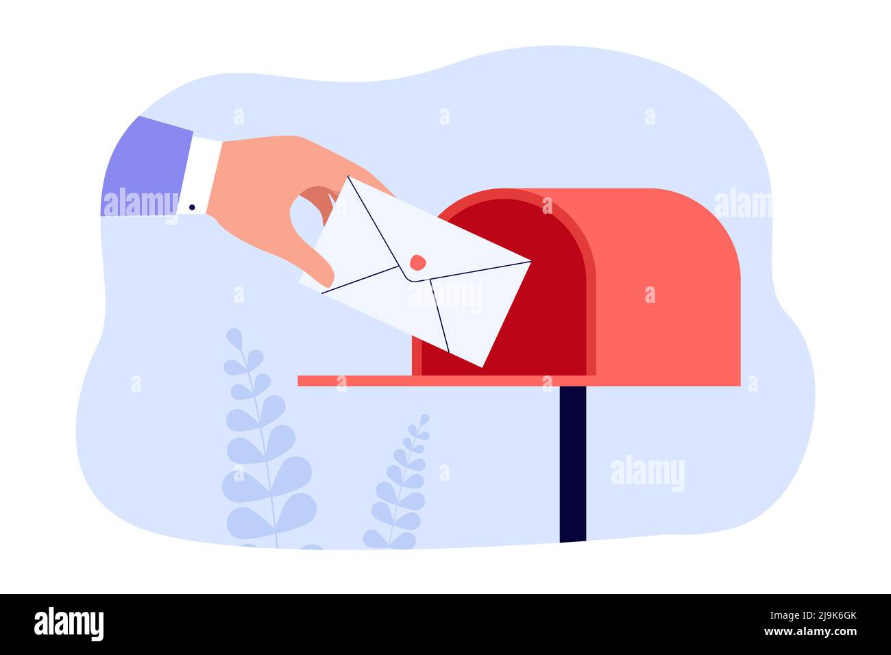 Hand of postman putting letter or envelope into open mailbox. Courier