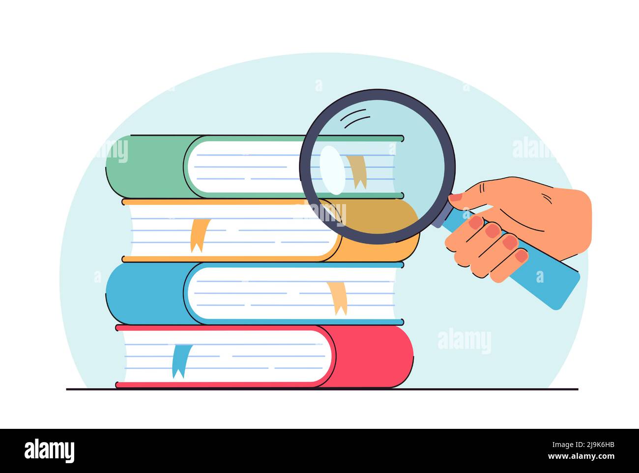 Hand of student holding magnifying glass and studying books. Stack of