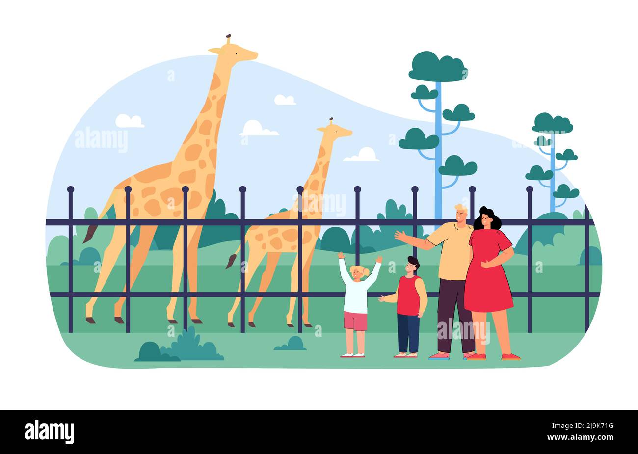 Happy family at zoo flat vector illustration. Mother, father, son and daughter looking at giraffes in cage, spending time together on weekend. Wild an Stock Vector