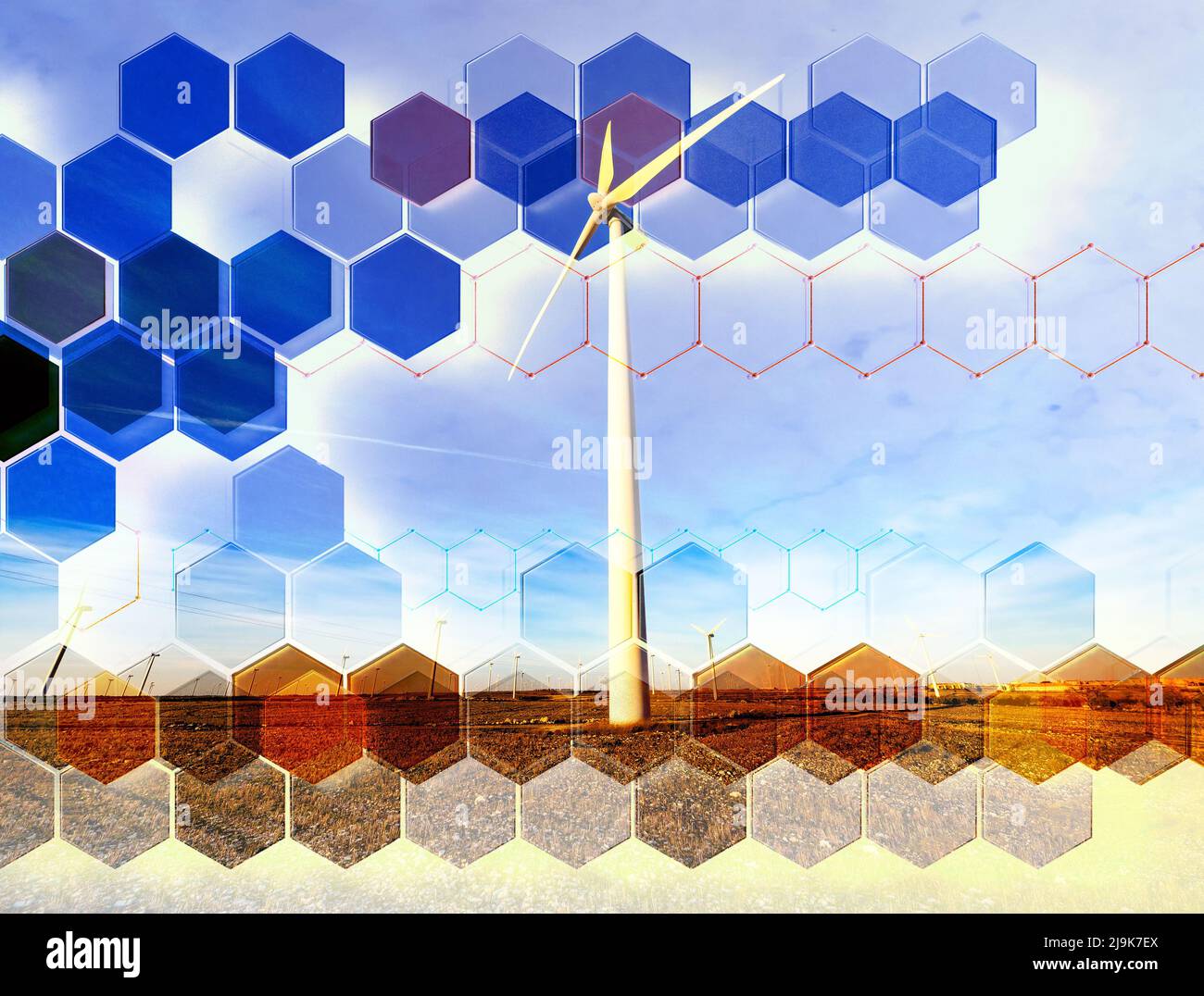wind turbines for generation electricity with copy space. Green energy concept. Windmill farm in the field Stock Photo