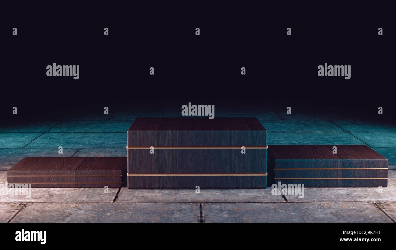 Pedestal or platform on floor.3d illustration. Abstract background empty and dark room. Stock Photo