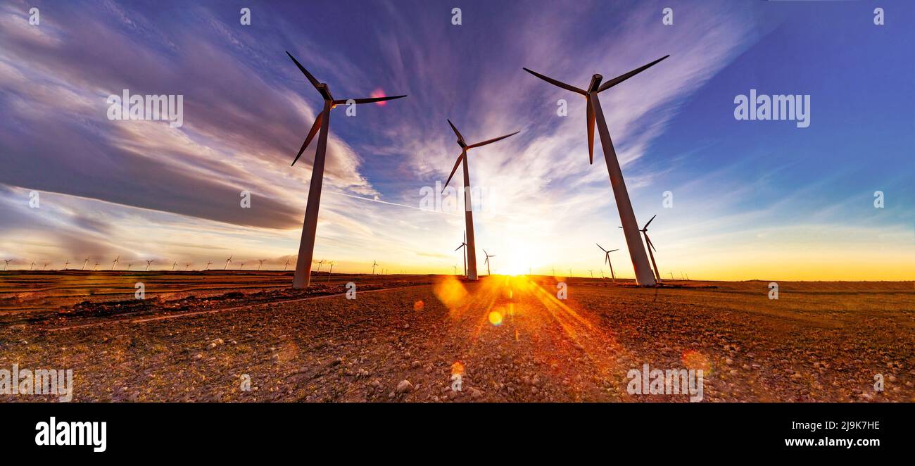 wind turbines for generation electricity with copy space. Green energy concept. Windmill farm in the field Stock Photo