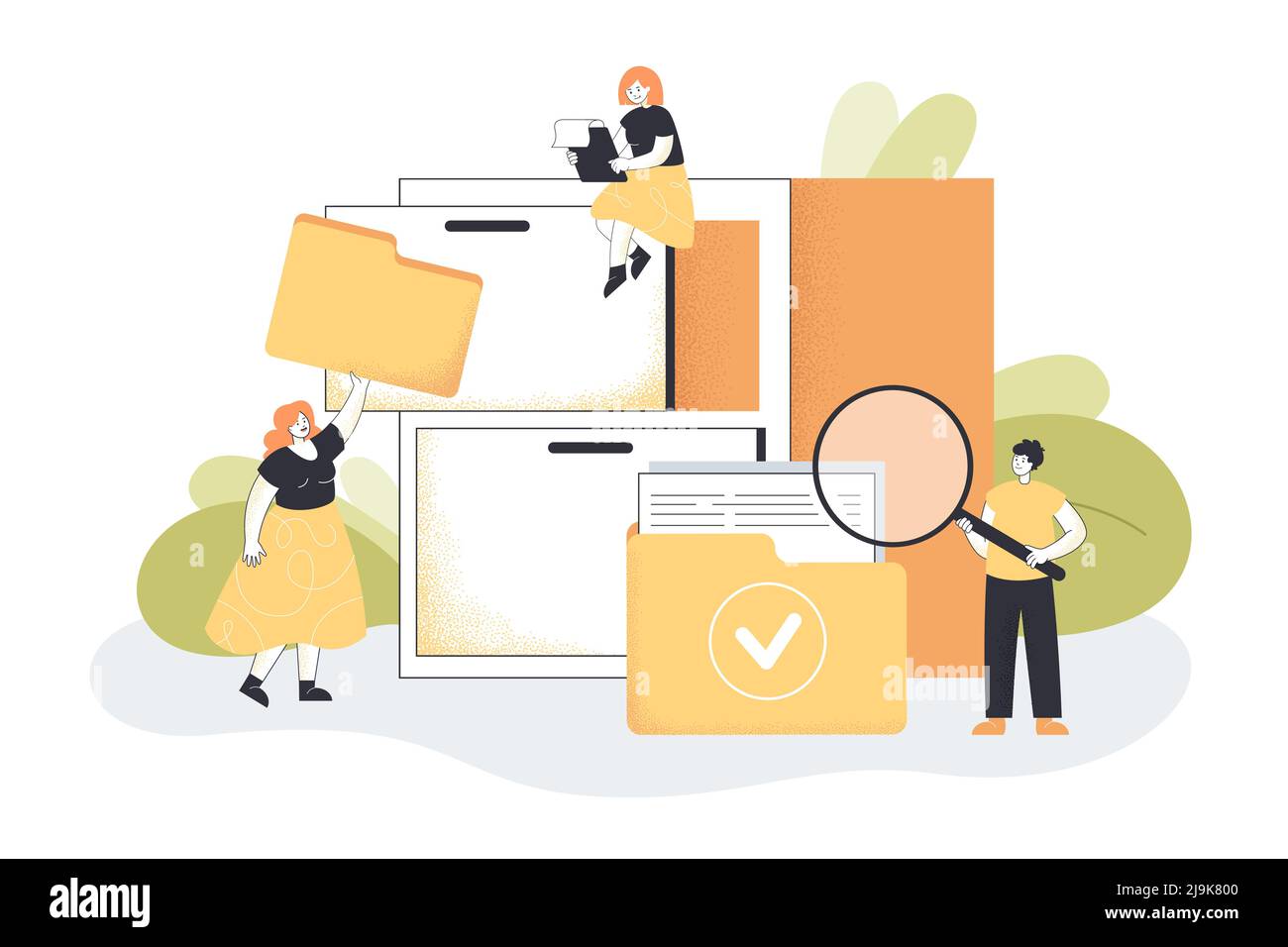 Workers organizing data storage flat vector illustration. Women putting folders in cabinet. Man searching for document in folder. Organized archive, d Stock Vector