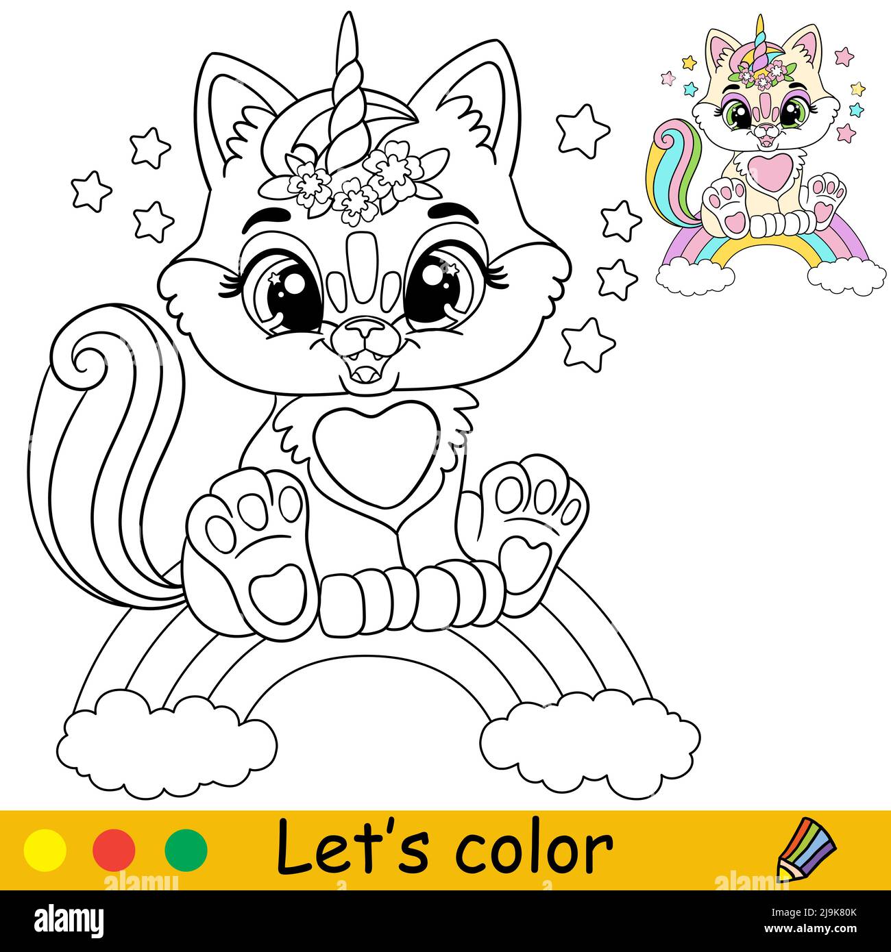 Cartoon cute funny cat unicorn sitting on a rainbow. Coloring book page with colorful template ...