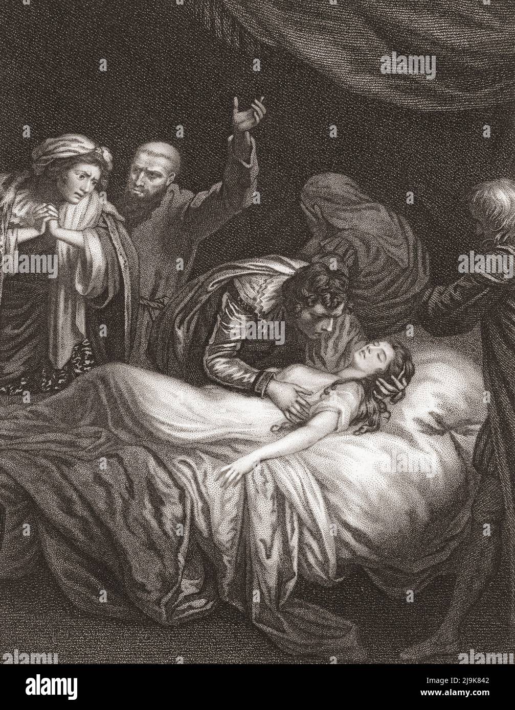 The Nurse has found Juliet sleeping from the effects of a potion and believes her dead, as do her parents.  Only Friar Lawrence knows the truth and he cannot tell the truth.  From William Shakespeare's play Romeo and Juliet, Act IV, Scene V.   Detail of a 1792 engraving by Peter Simon from the painting by John Opie. Stock Photo