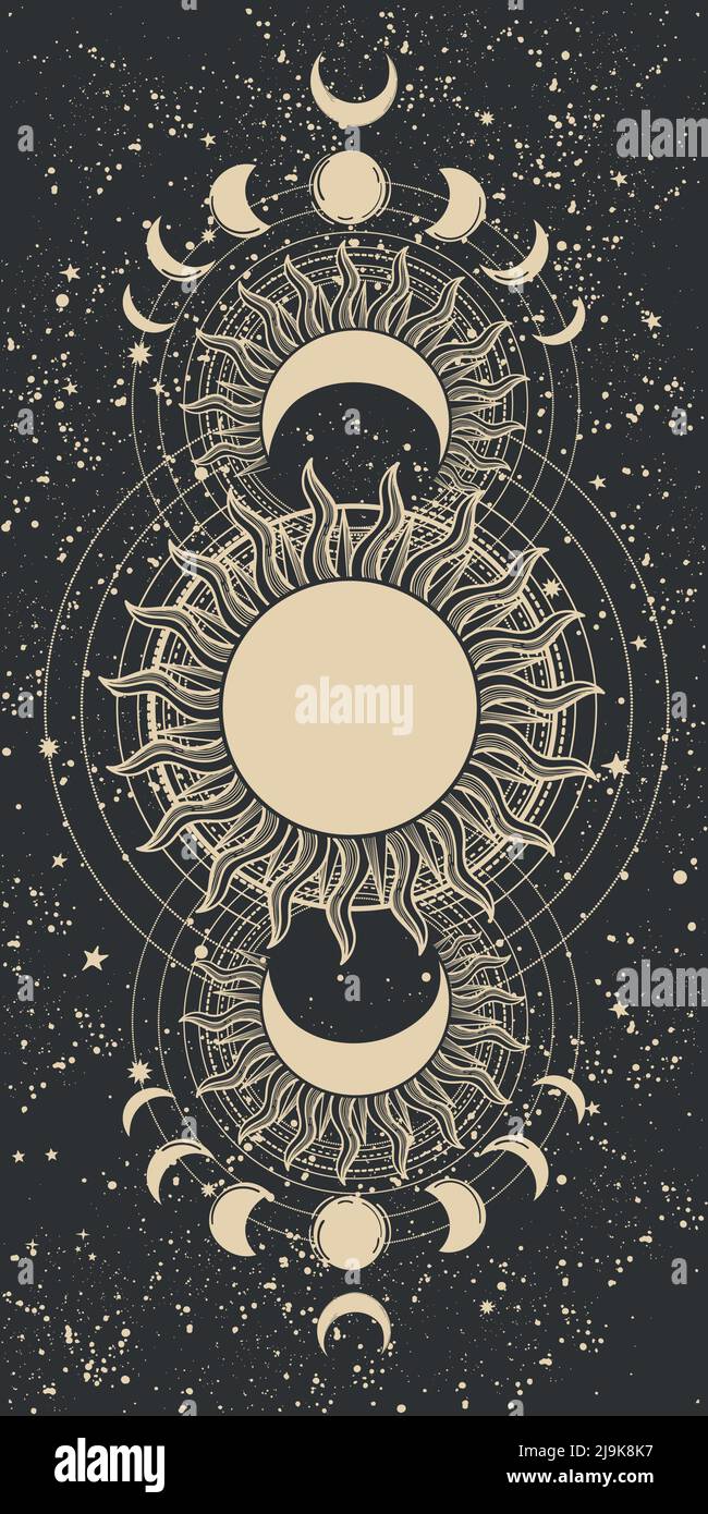 Vintage tarot background for witch, phases of the sun and moon, full moon  on black night sky. Mystical story background for astrologer, zodiac,  divina Stock Vector Image & Art - Alamy