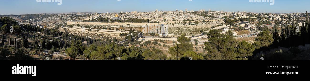 Panorama of old Jerusalem, Mount of Olives and Kidron Valley Stock Photo