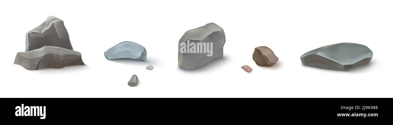 Mountain rocks, stones, pebbles or boulders, natural design elements , geological materials with realistic texture. Rocky pieces of different shapes and sizes, Isolated 3d vector illustration, set Stock Vector