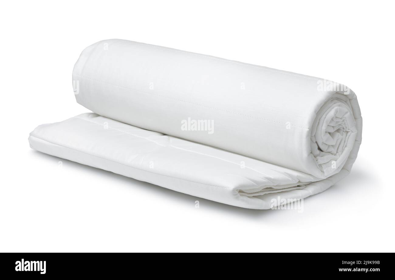 White thin lightweight blanket roll isolated on white Stock Photo
