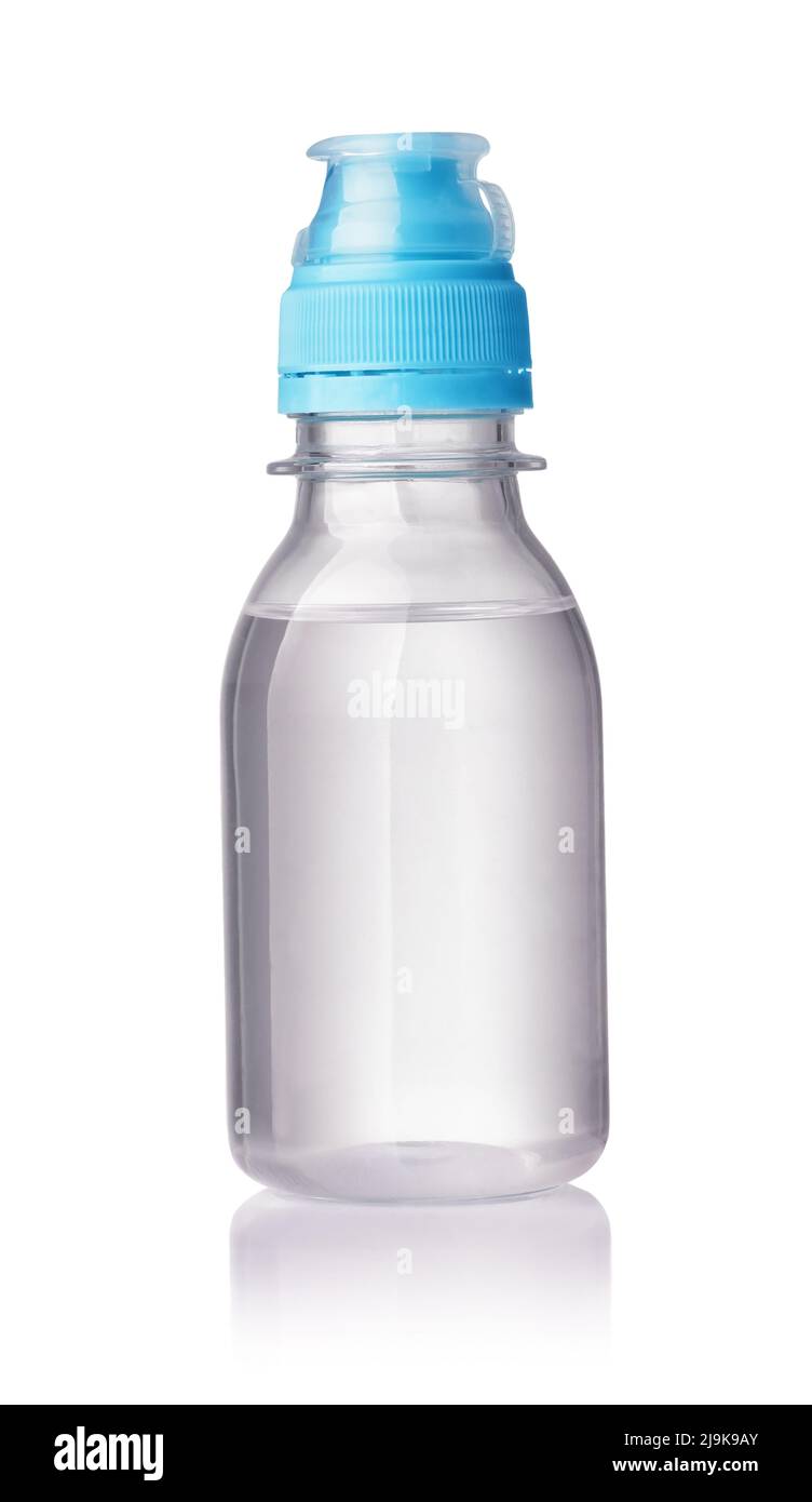 Front view of small unlabeled plastic bottle of water isolated on white Stock Photo