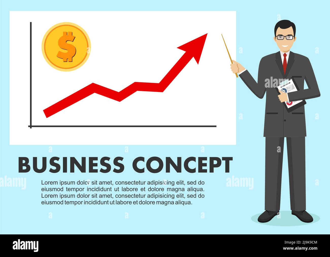 Businessman and graph with trend line rising up and coin with a sign of ...
