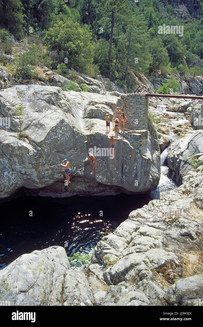 Cliff jumper jumping in a pool of a stream, water pool at Asco valley, Corsica, France, Mediterranean Sea, Europe Stock Photo