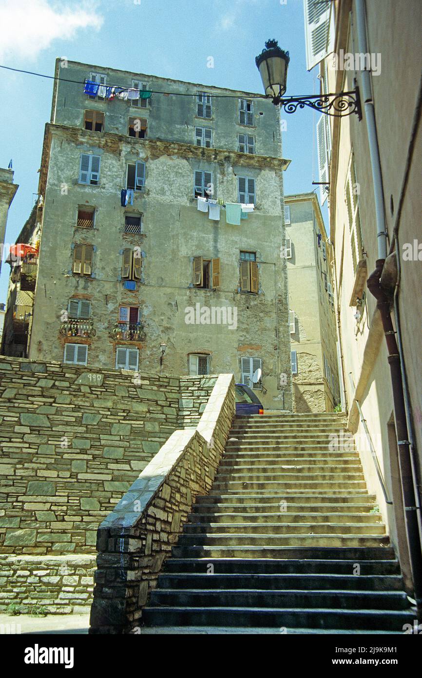 Stairway and house facades in the historic old town of Bastia, Haut-Corse, Corsica, France, Mediterranean Sea, Europe Stock Photo