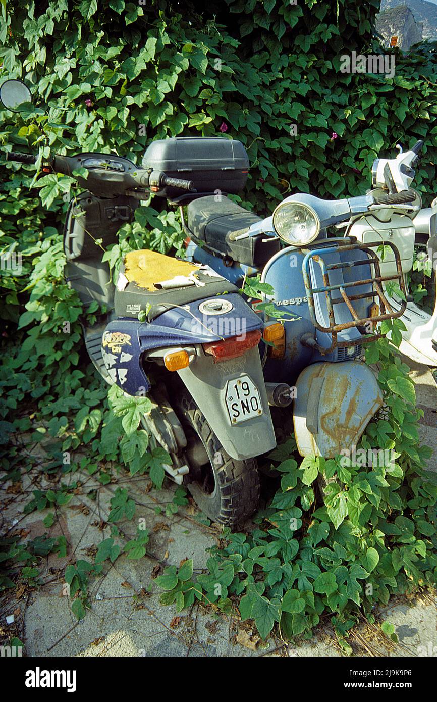 Lost places, abandoned Vespa and motorbike, overgrown with plants, Ponza, Island, Italy, Tyrrhenian Sea, Mediterranean, Europe Stock Photo