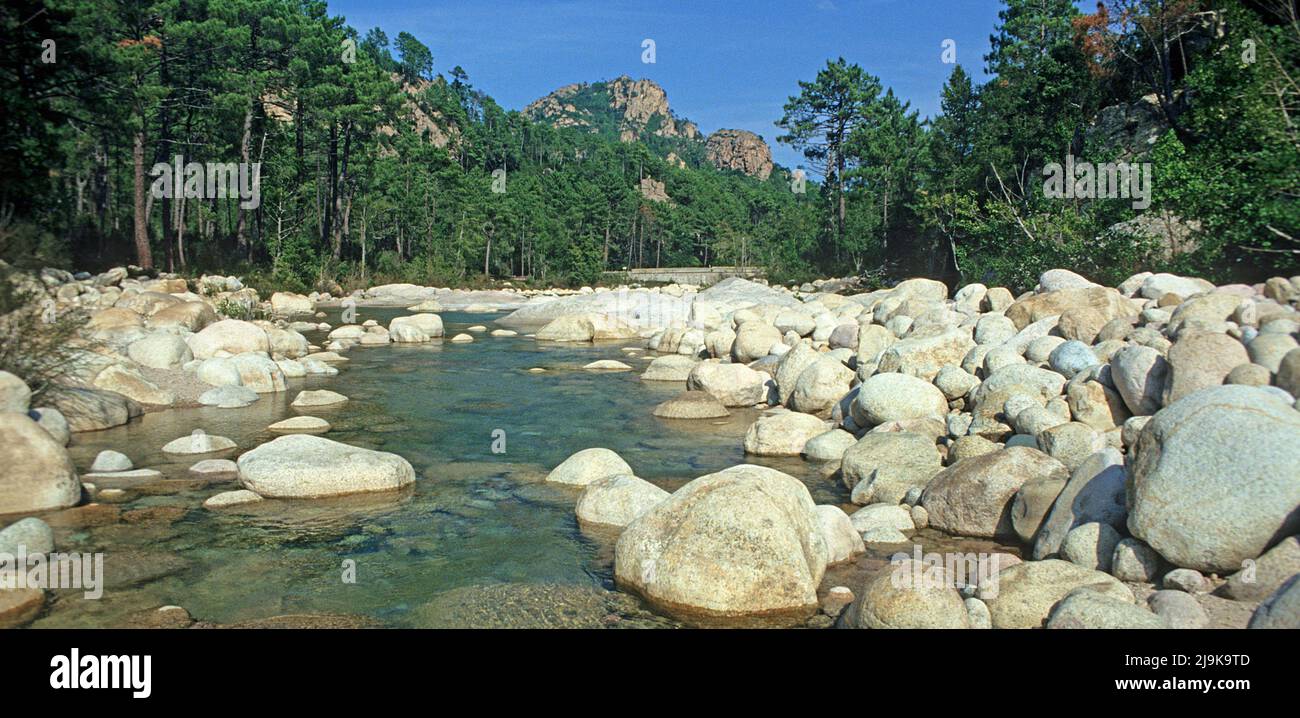 Stream with granite blocks at Solenzara, Corsica, France, Mediterranean Sea, Europe Stock Photo