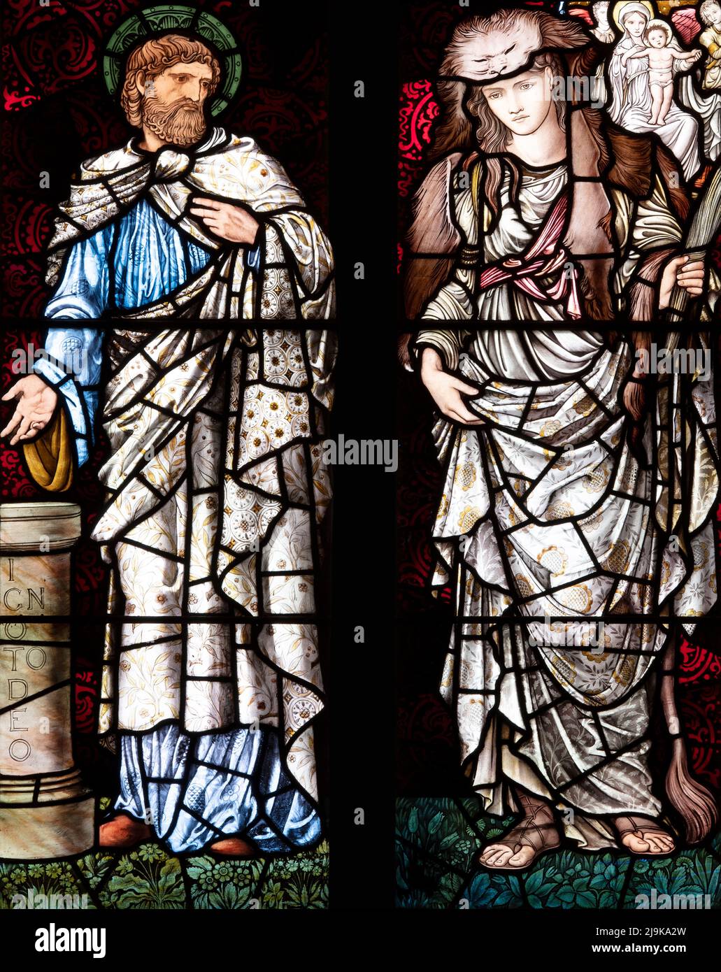 Detail from stained glass depicting the Christian message told and foretold by St Paul and the Tiburtine Sybl 'Albunea', Irton Church, Cumbria, UK Stock Photo