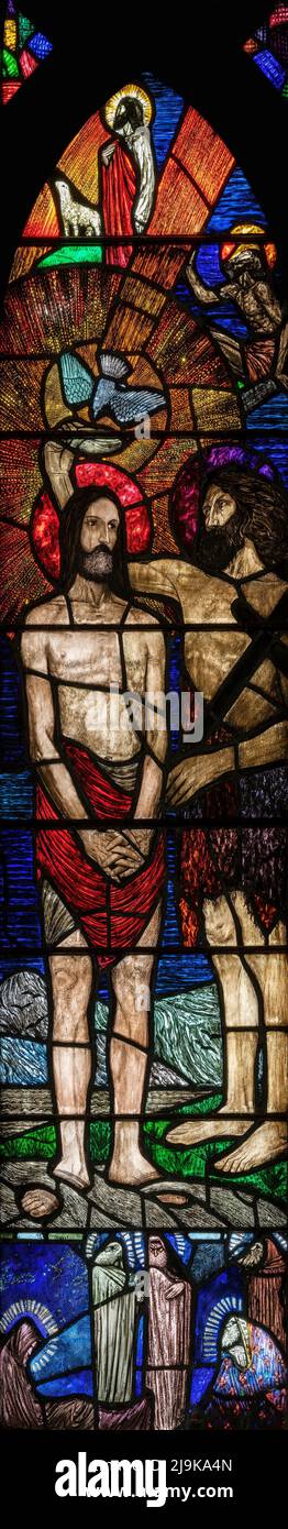 The Baptism of Jesus as depicted by Wilhelmina Geddes (1924), Holy Trinity Church, Bardsea, Cumbria, UK Stock Photo
