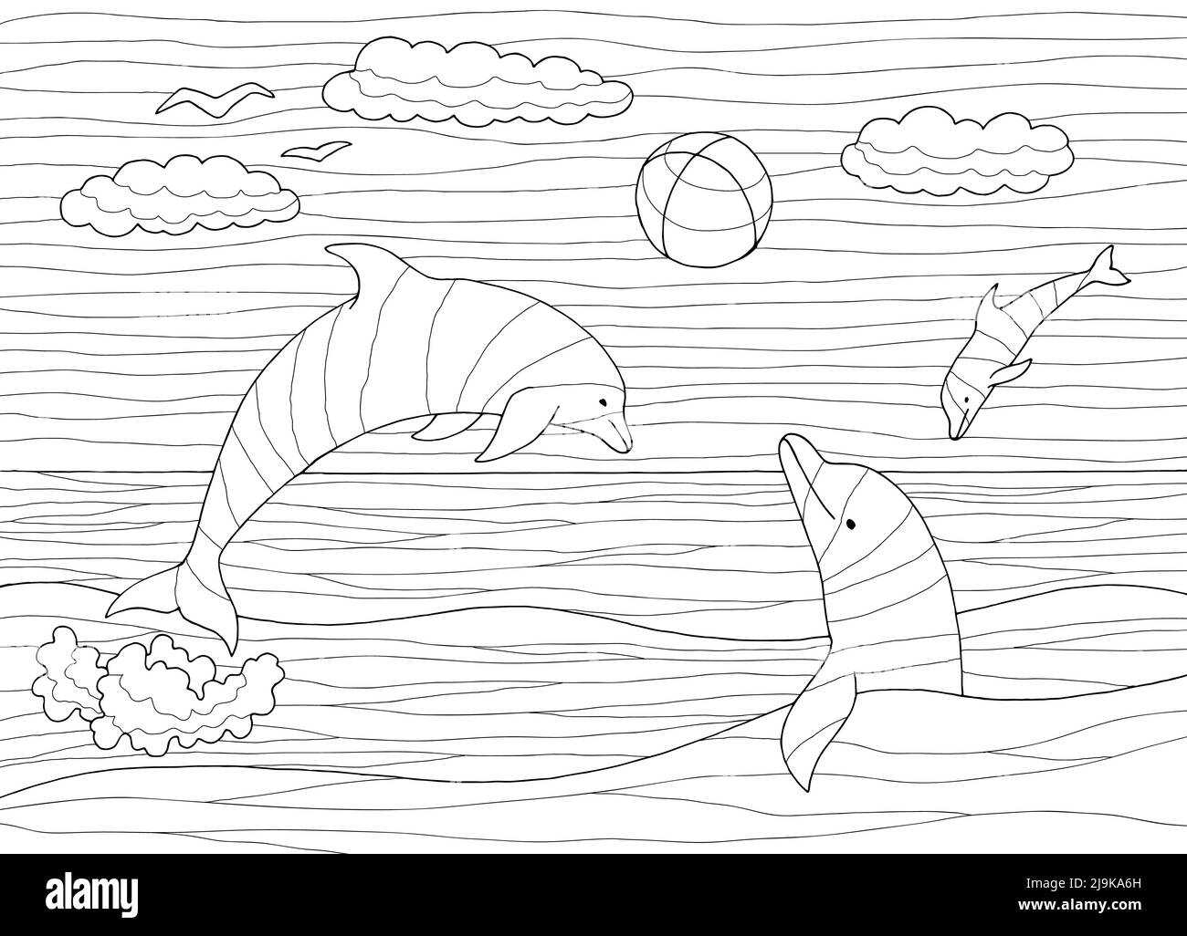 Dolphins coloring wave graphic art surf black white landscape sketch illustration vector Stock Vector
