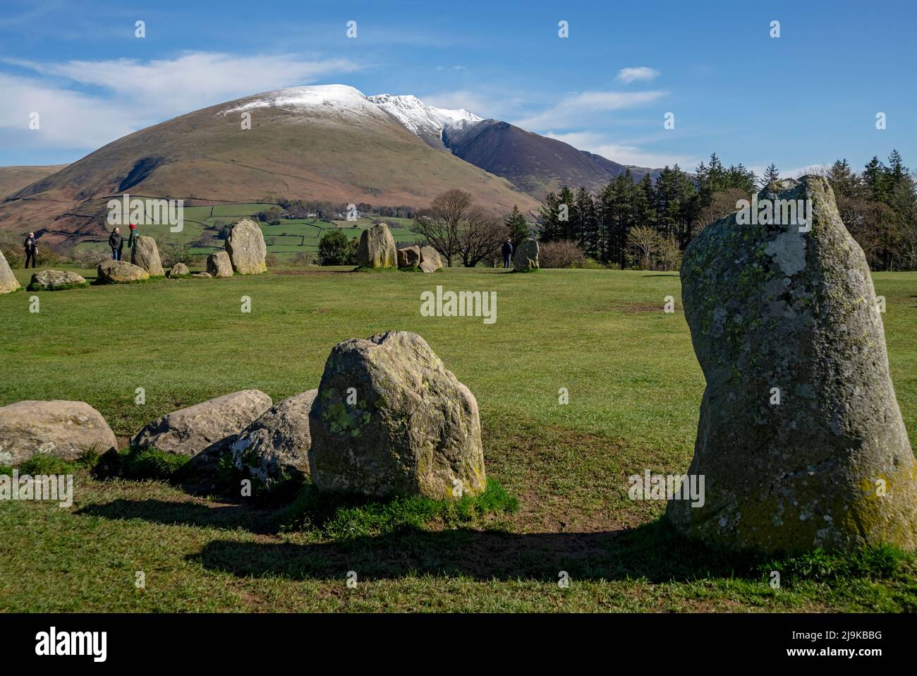 View looking from Castlerigg Stone Circle towards snow topped Blencathra in spring late winter Lake District National Park Cumbria England UK Stock Photo