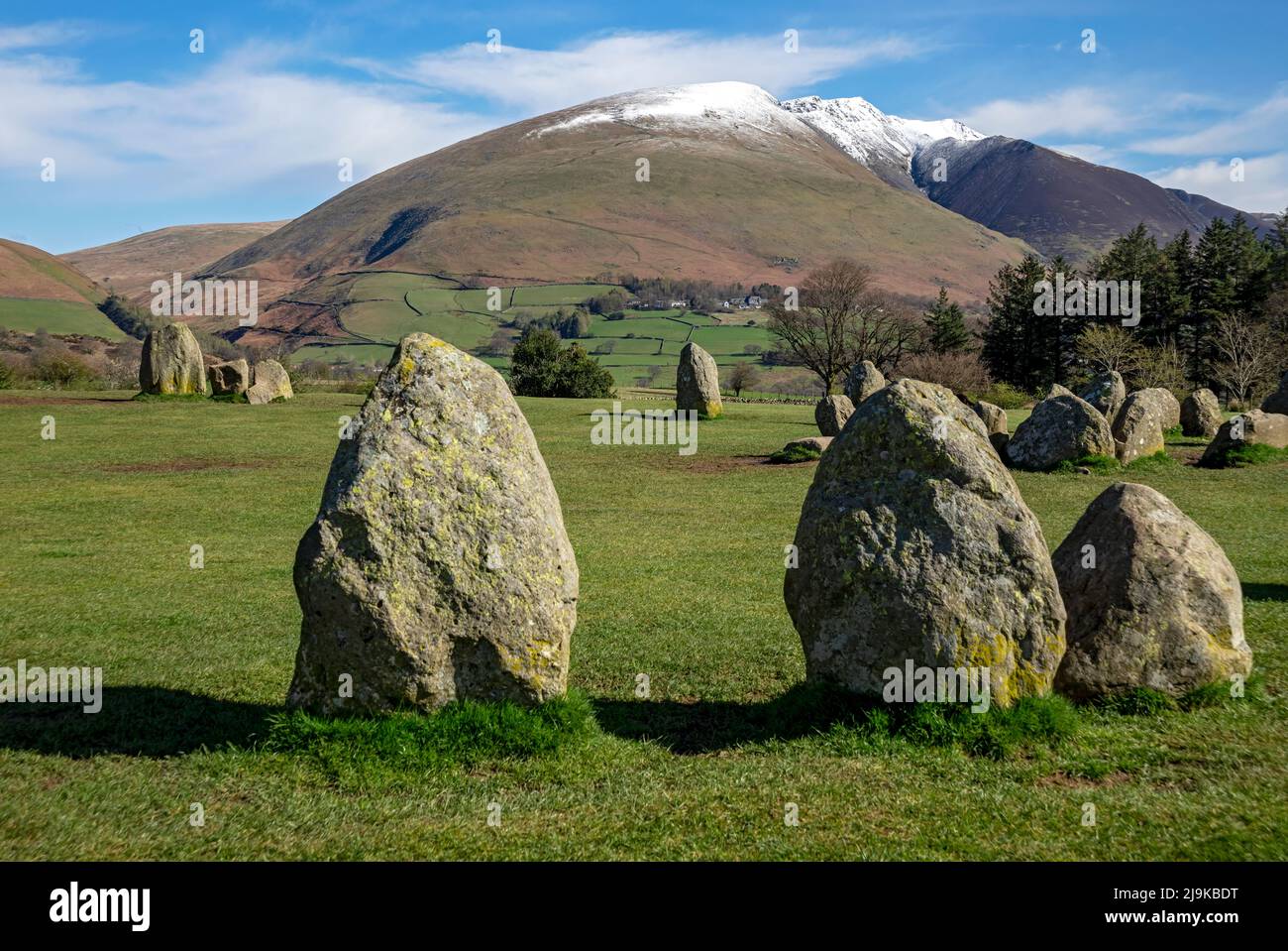 View looking from Castlerigg Stone Circle towards snow topped Blencathra in spring late winter Lake District National Park Cumbria England UK Stock Photo