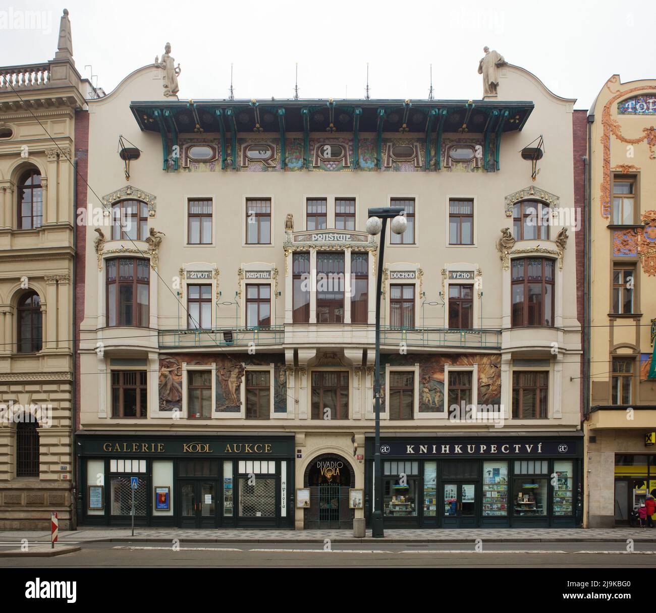 Art Nouveau building of the Insurance Company Prague (Pojišťovna Praha) in Národní Avenue in Staré Město (Old Town) in Prague, Czech Republic. The building designed by Czech architect Osvald Polívka was built between 1906 and 1907. Stock Photo