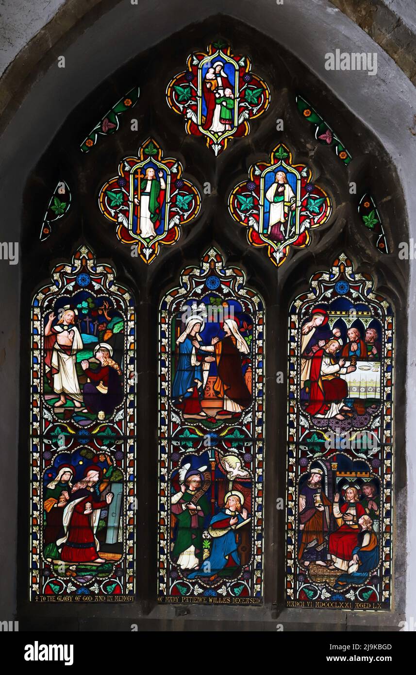 A stained glass window by William Wailes depicting New Testament antitypes, Saints Peter and Paul Church, King's Sutton, Northamptonshire Stock Photo
