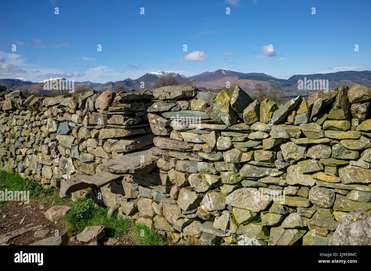 Stile made from slate steps set in dry stone wall in spring late winter Lake District National Park Cumbria England UK United Kingdom GB Great Britain Stock Photo