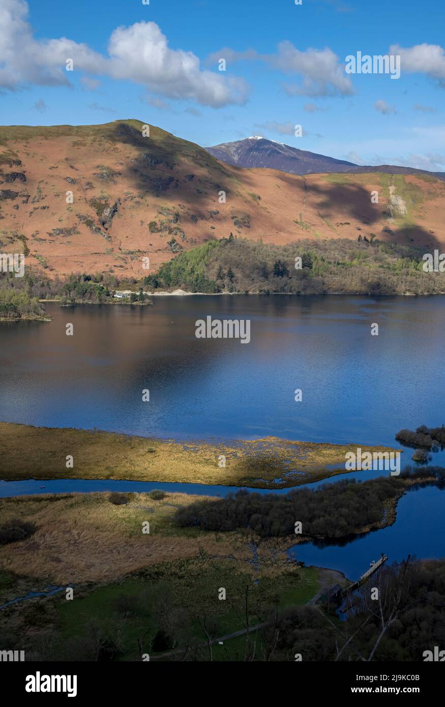 Looking from Surprise View across Derwentwater towards Catbells and snow topped Causey Pike in spring late winter Lake District National Park Cumbria Stock Photo