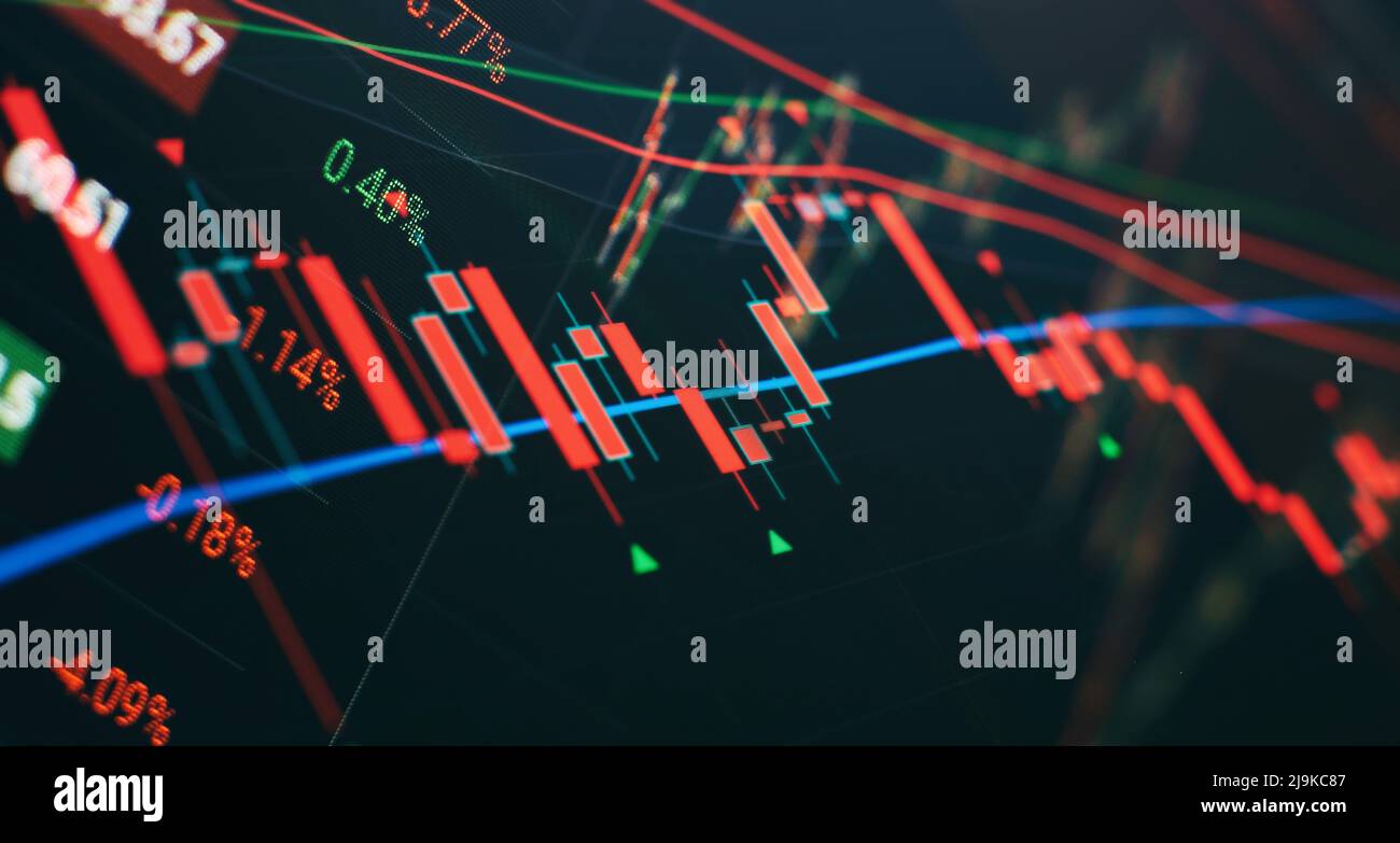 Technical price graph and indicator, red and green candlestick chart on  blue theme screen, market volatility, up and down trend. Stock trading,  crypto Stock Photo - Alamy