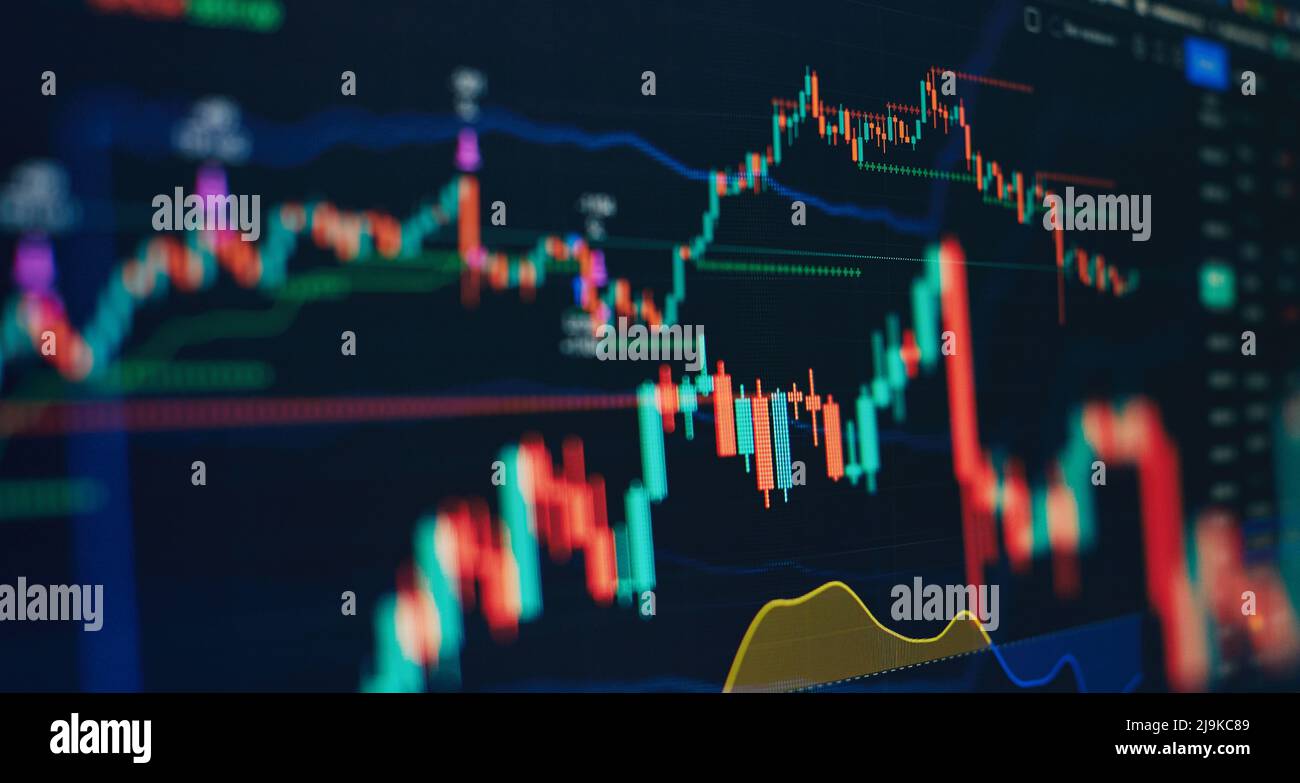 Technical price graph and indicator, red and green candlestick chart on blue  theme screen, market volatility, up and down trend. Stock trading, crypto  Stock Photo - Alamy