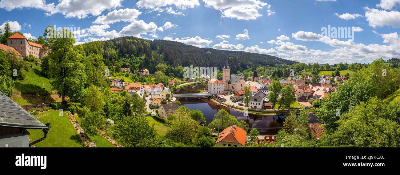 valley with the town of Rozmberk nad Vltavou and the Vltava River, Czech republic Stock Photo